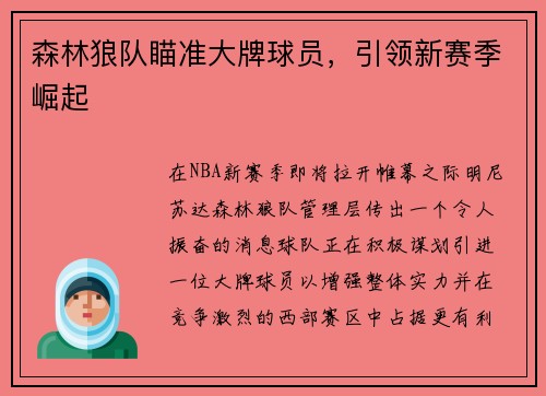 森林狼队瞄准大牌球员，引领新赛季崛起